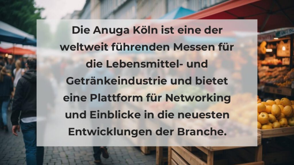 Die Anuga Köln ist eine der weltweit führenden Messen für die Lebensmittel- und Getränkeindustrie und bietet eine Plattform für Networking und Einblicke in die neuesten Entwicklungen der Branche.